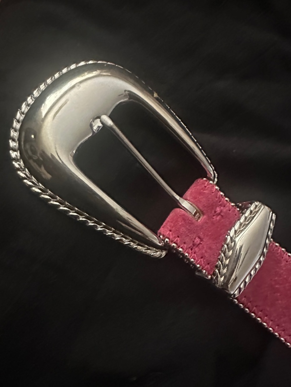 Pearl Pink Suede Belt with Silver Rope-Edge Buckle Women M Size